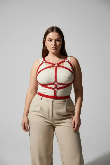 Büyük Beden Kırmızı Kadın Kemer Deri Vücut Aksesuarı Korse Detaylı - APFT991 - 4