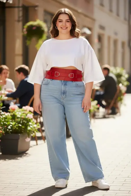 Büyük Beden Kırmızı Kadın Kemer Geniş Korse Görünümlü Çift Tokalı - APFT875 - 1