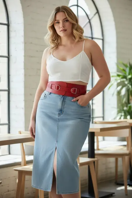 Büyük Beden Kırmızı Kadın Kemer Geniş Korse Görünümlü Çift Tokalı - APFT875 - 2