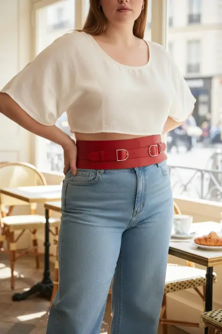 Büyük Beden Kırmızı Kadın Kemer Geniş Korse Görünümlü Çift Tokalı - APFT875 - 3