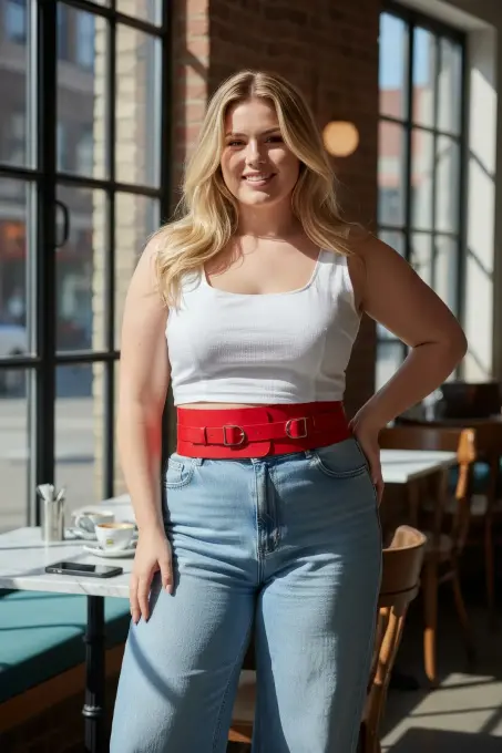 Büyük Beden Kırmızı Kadın Kemer Geniş Korse Görünümlü Çift Tokalı - APFT875 - 4