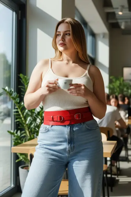 Büyük Beden Kırmızı Kadın Kemer Geniş Korse Görünümlü Çift Tokalı - APFT875 - 5