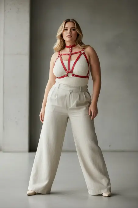 Büyük Beden Kırmızı Kadın Kemer Halka Detaylı Deri Harness Vücut Aksesuarı - APFT747 - 2