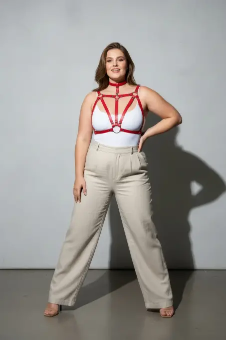 Büyük Beden Kırmızı Kadın Kemer Halka Detaylı Deri Harness Vücut Aksesuarı - APFT747 - 4