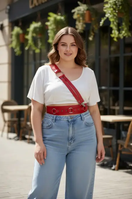 Büyük Beden Kırmızı Kadın Kemer Halka Detaylı Deri Vücut Aksesuarı - APFT915 - 1