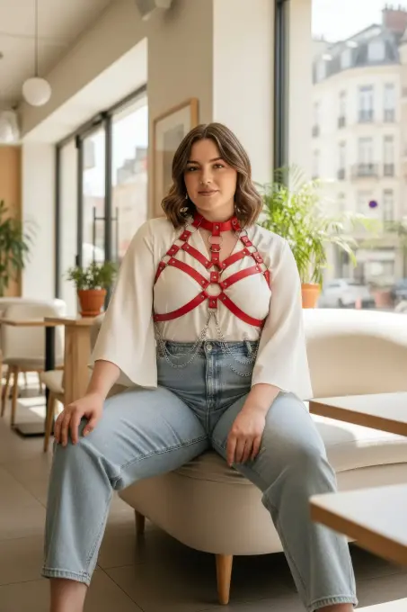 Büyük Beden Kırmızı Kadın Kemer, Harness Stilinde Göğüs Detaylı Deri Vücut Aksesuarı - APFT517 - 2