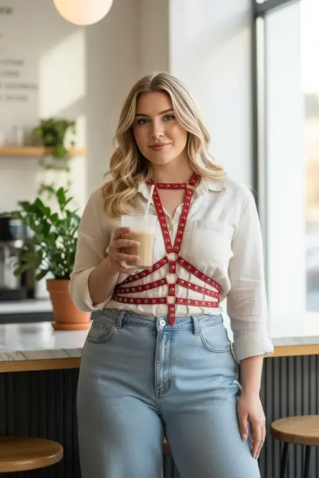 Büyük Beden Kırmızı Kadın Kemer Harness Tarzı Metal Detaylı Deri Vücut Aksesuarı - APFT546 - 1