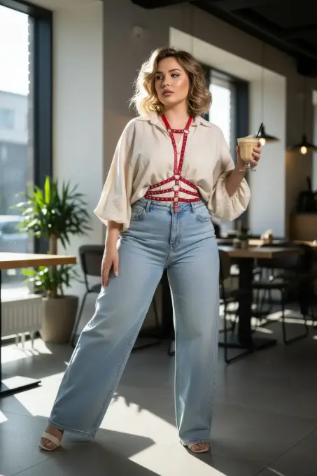 Büyük Beden Kırmızı Kadın Kemer Harness Tarzı Metal Detaylı Deri Vücut Aksesuarı - APFT546 - 2