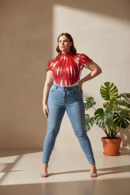 Büyük Beden Kırmızı Kadın Kemer İddialı Deri Askılı Vücut Aksesuarı - APFT1257 - 2