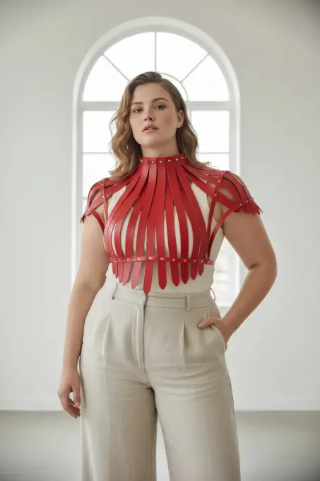 Büyük Beden Kırmızı Kadın Kemer İddialı Deri Askılı Vücut Aksesuarı - APFT1257 - 3