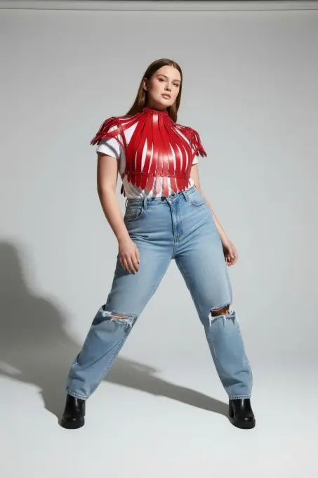 Büyük Beden Kırmızı Kadın Kemer İddialı Deri Askılı Vücut Aksesuarı - APFT1257 - 4