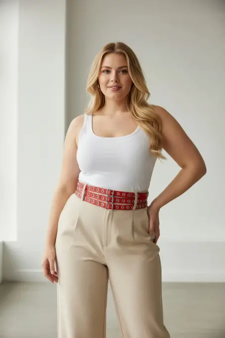 Büyük Beden Kırmızı Kadın Kemer Kalın Çoklu Tokalı Deri Bel Aksesuarı - APFT641 - Angels Passion (1)