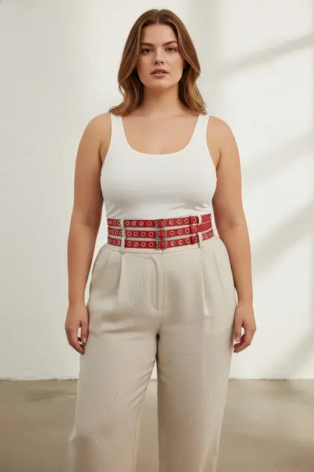 Büyük Beden Kırmızı Kadın Kemer Kalın Çoklu Tokalı Deri Bel Aksesuarı - APFT641 - 3