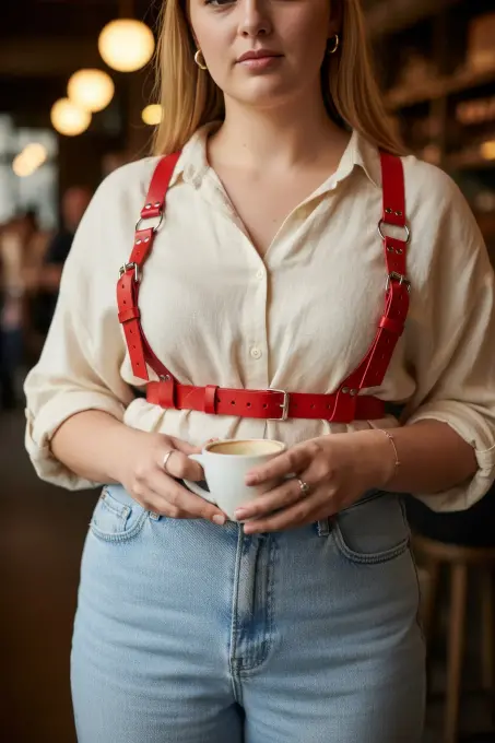 Büyük Beden Kırmızı Kadın Kemer, Kalın Deri Harness Vücut Aksesuarı - APFT529 - 5