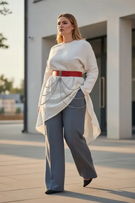 Büyük Beden Kırmızı Kadın Kemer Kalın Zincir Detaylı Elbise Kombin Kemeri - APFT904 - 1