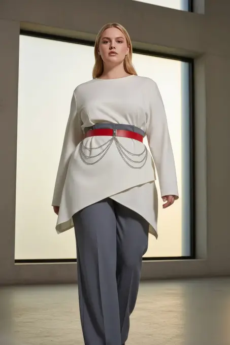 Büyük Beden Kırmızı Kadın Kemer Kalın Zincir Detaylı Elbise Kombin Kemeri - APFT904 - 5