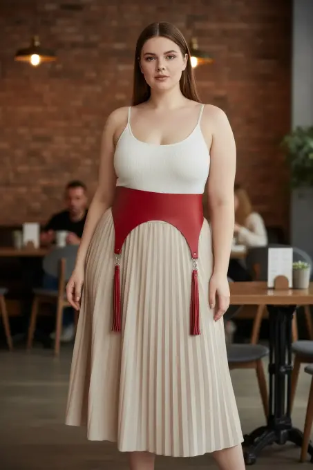 Büyük Beden Kırmızı Kadın Kemer Korsaj Model Püskül Detaylı - APFT788 - 1