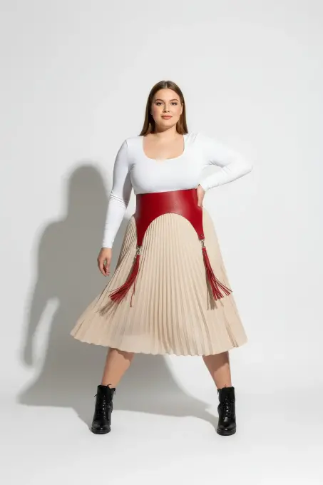 Büyük Beden Kırmızı Kadın Kemer Korsaj Model Püskül Detaylı - APFT788 - 4