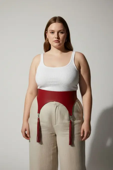 Büyük Beden Kırmızı Kadın Kemer Korsaj Model Püskül Detaylı - APFT788 - 5