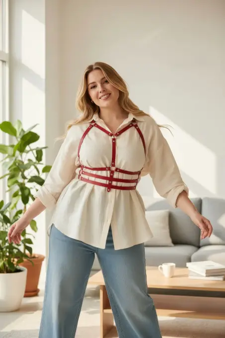 Büyük Beden Kırmızı Kadın Kemer Korse Detaylı Deri Harness Aksesuarı - APFT543 - 2