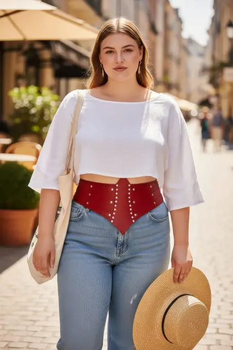 Büyük Beden Kırmızı Kadın Kemer Korse Formlu Zımba Detaylı - APFT905 - 3