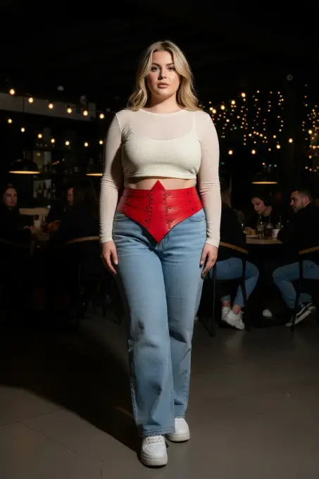 Büyük Beden Kırmızı Kadın Kemer Korse Formlu Zımba Detaylı - APFT905 - 4