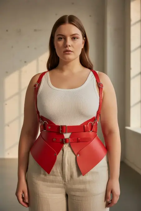 Büyük Beden Kırmızı Kadın Kemer Korse Görünümlü Deri Harness Vücut Aksesuarı - APFT616 - 3