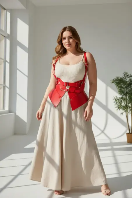 Büyük Beden Kırmızı Kadın Kemer Korse Görünümlü Deri Harness Vücut Aksesuarı - APFT616 - 4