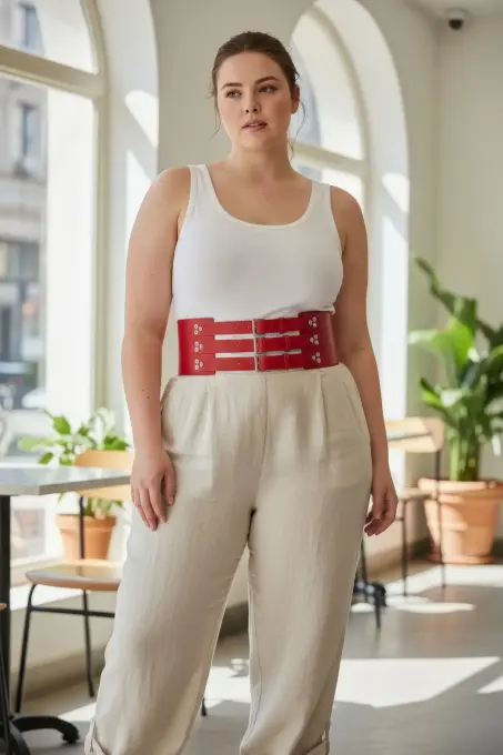 Büyük Beden Kırmızı Kadın Kemer Korse Model Geniş Bel Çok Tokalı Deri - APFT827 - 1