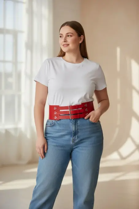 Büyük Beden Kırmızı Kadın Kemer Korse Model Geniş Bel Çok Tokalı Deri - APFT827 - Angels Passion (1)