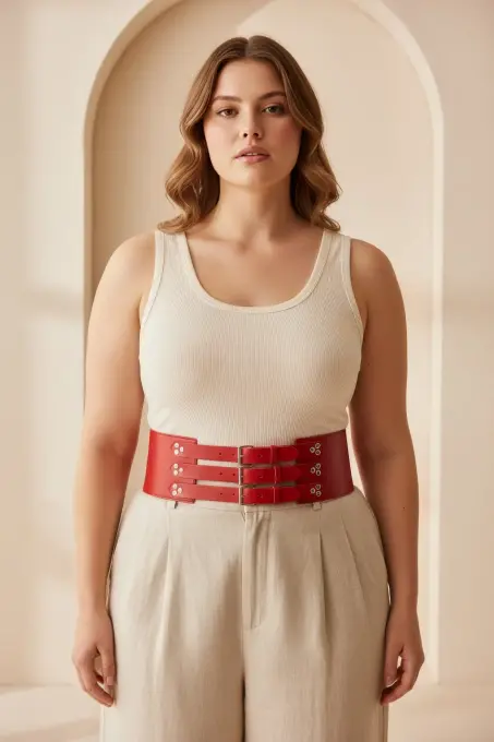 Büyük Beden Kırmızı Kadın Kemer Korse Model Geniş Bel Çok Tokalı Deri - APFT827 - 3