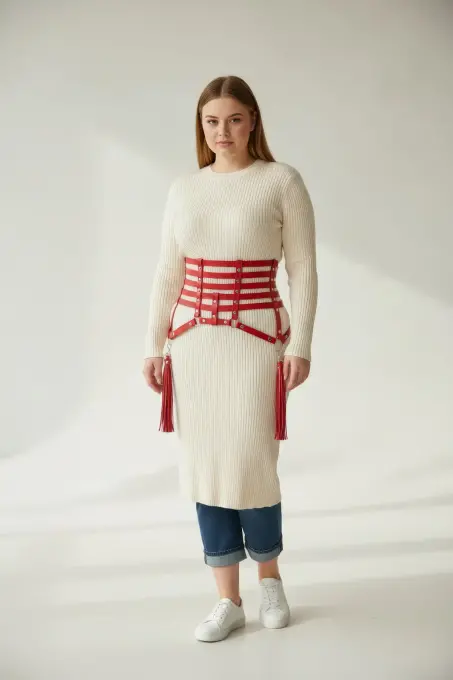 Büyük Beden Kırmızı Kadın Kemer Korse Stil Püskül Detaylı Deri Aksesuar - APFT408 - 3