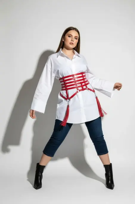 Büyük Beden Kırmızı Kadın Kemer Korse Stil Püskül Detaylı Deri Aksesuar - APFT408 - 4