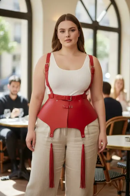Büyük Beden Kırmızı Kadın Kemer Korse Stili Askılı Deri Vücut Aksesuarı - APFT787 - 1