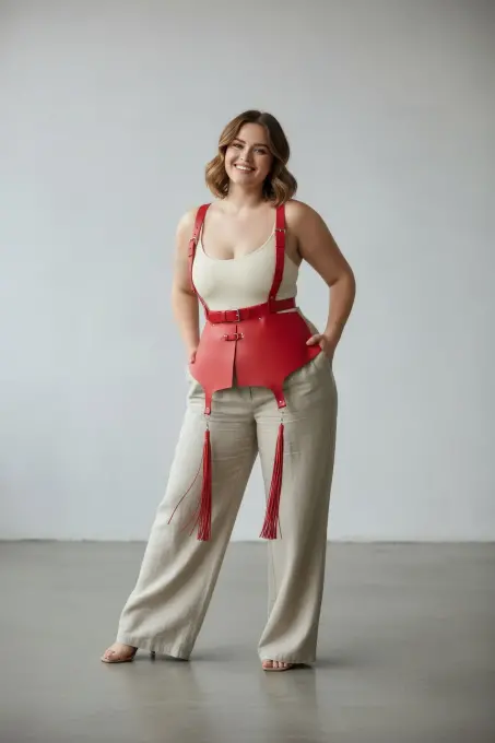 Büyük Beden Kırmızı Kadın Kemer Korse Stili Askılı Deri Vücut Aksesuarı - APFT787 - 2