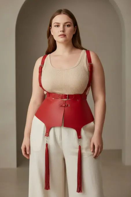 Büyük Beden Kırmızı Kadın Kemer Korse Stili Askılı Deri Vücut Aksesuarı - APFT787 - 3