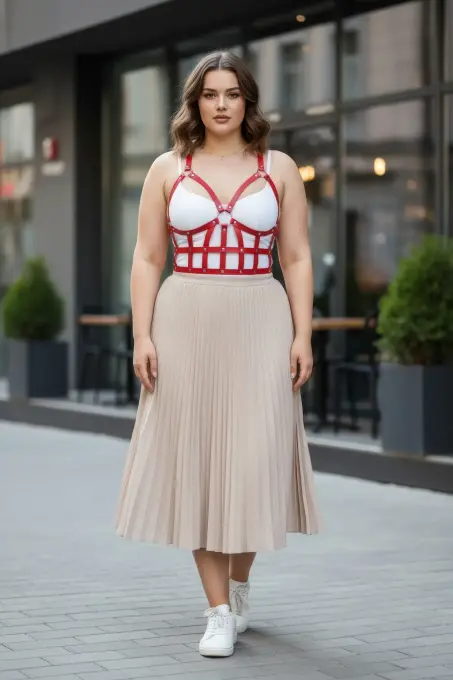 Büyük Beden Kırmızı Kadın Kemer Korse Tarzı Deri Vücut Aksesuarı - APFT819 - 1