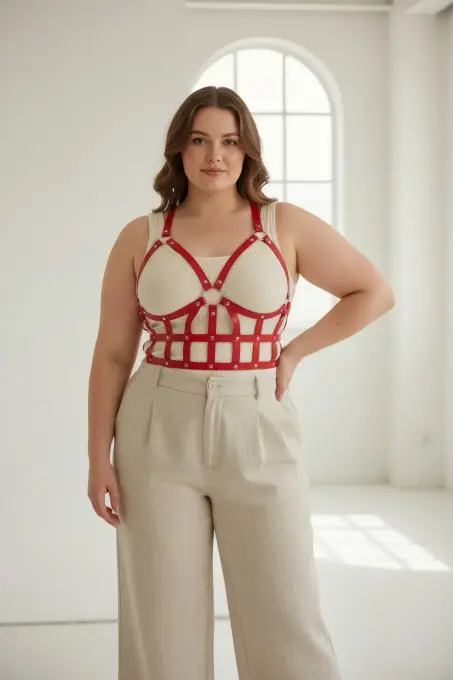 Büyük Beden Kırmızı Kadın Kemer Korse Tarzı Deri Vücut Aksesuarı - APFT819 - 3