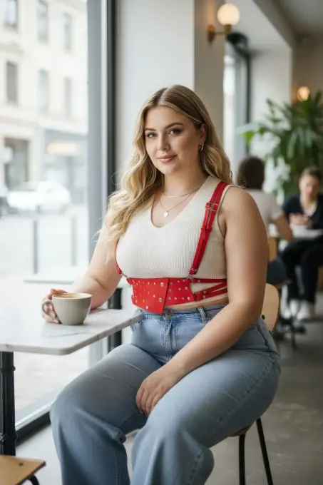 Büyük Beden Kırmızı Kadın Kemer Korse Tarzı Zımba Detaylı Kombin Aksesuarı - APFT918 - 1