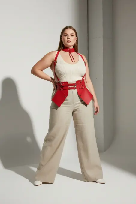 Büyük Beden Kırmızı Kadın Kemer Korse Tasarımlı Askılı Harness Detaylı - APFT622 - 9