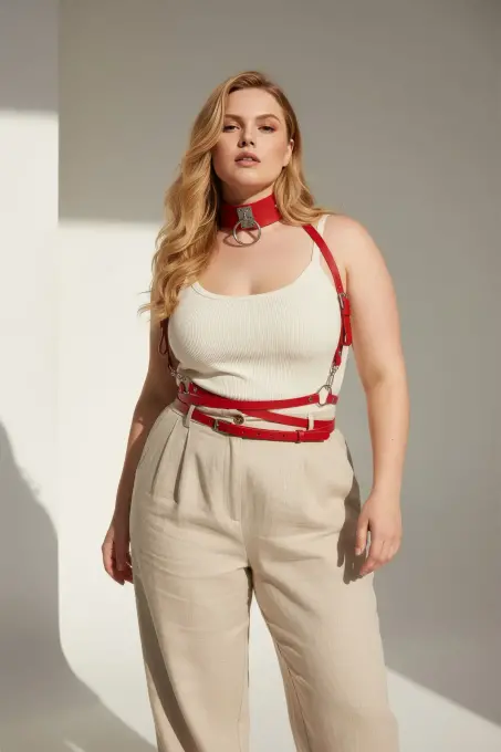 Büyük Beden Kırmızı Kadın Kemer Metal Halka Detaylı Deri Harness - APFT644 - Angels Passion (1)