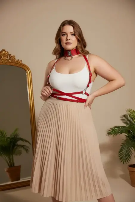 Büyük Beden Kırmızı Kadın Kemer Metal Halka Detaylı Deri Harness - APFT644 - 4