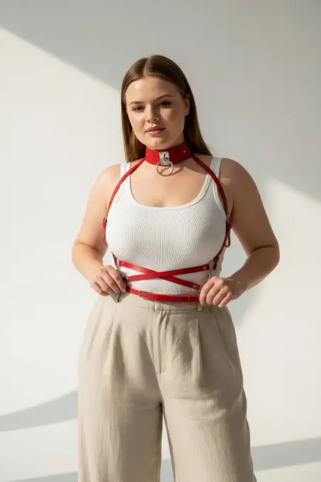 Büyük Beden Kırmızı Kadın Kemer Metal Halka Detaylı Deri Harness - APFT644 - 5