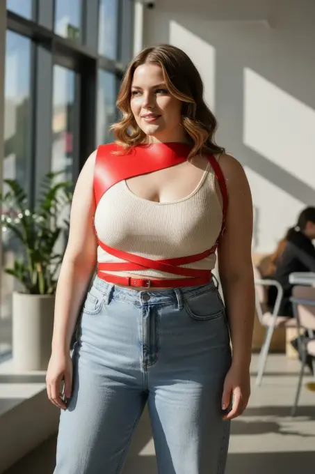 Büyük Beden Kırmızı Kadın Kemer Omuz Detaylı Deri Kombin Aksesuarı - APFT903 - 1