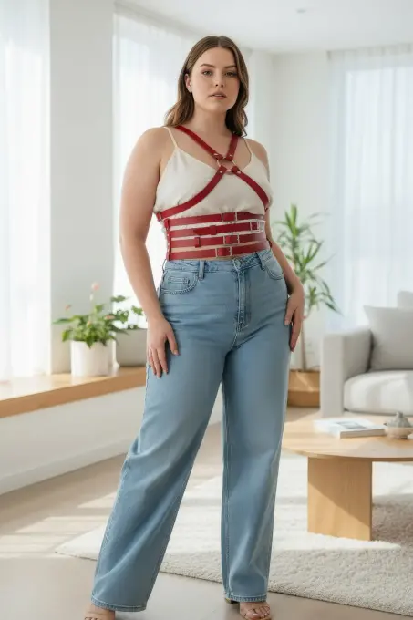 Büyük Beden Kırmızı Kadın Kemer Omuzdan Askılı Deri Korse Görünümlü - APFT911 - 2