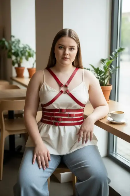 Büyük Beden Kırmızı Kadın Kemer Omuzdan Askılı Deri Korse Görünümlü - APFT911 - 3