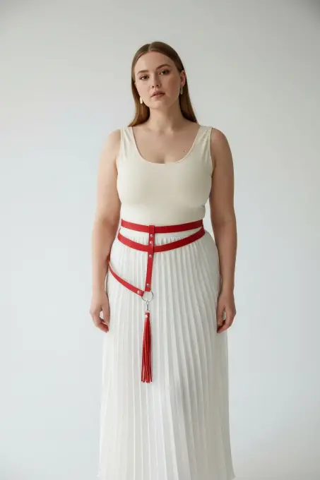 Büyük Beden Kırmızı Kadın Kemer Püskül Detaylı Deri Jartiyer Aksesuarı - APFT645 - 3