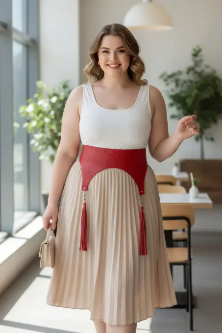 Büyük Beden Kırmızı Kadın Kemer Püskül Detaylı Deri Korse Tasarım - APFT755 - 1