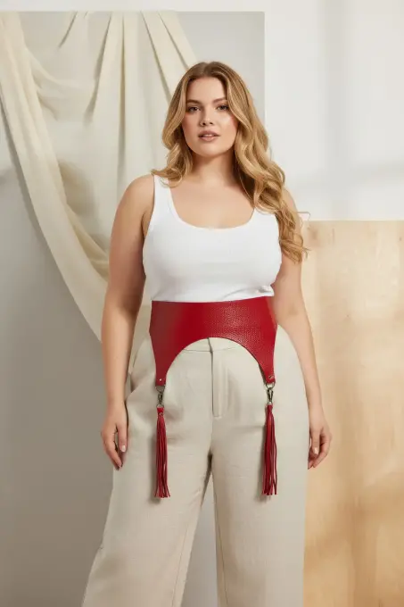 Büyük Beden Kırmızı Kadın Kemer Püskül Detaylı Deri Korse Tasarım - APFT755 - 2