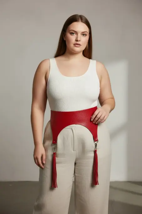 Büyük Beden Kırmızı Kadın Kemer Püskül Detaylı Deri Korse Tasarım - APFT755 - 3